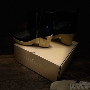 Black Leather Ankle Boots with Wooden Heel